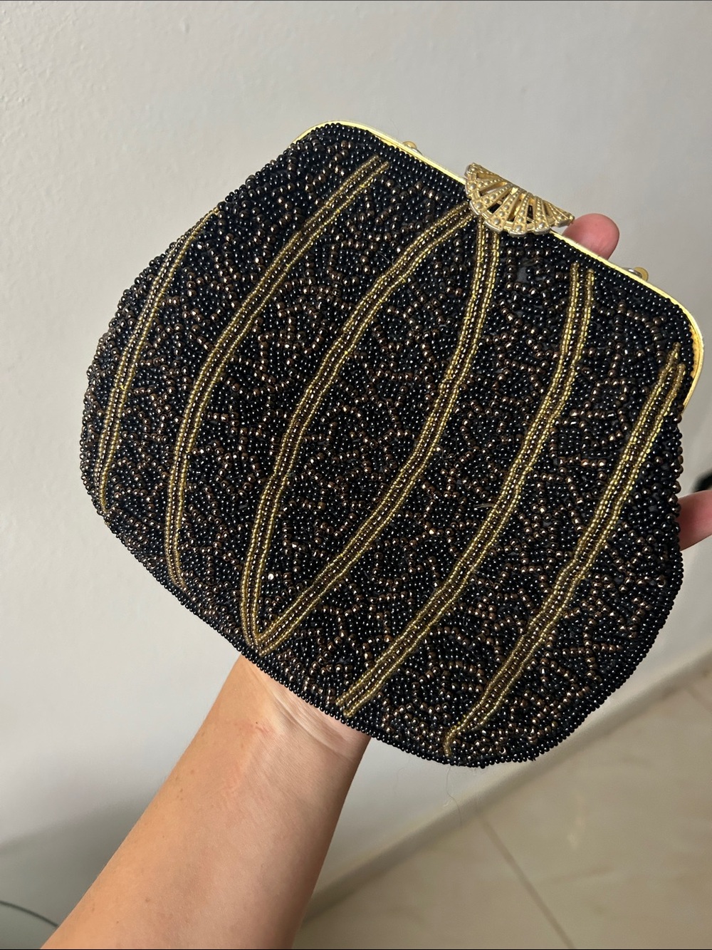 Vintage Beaded Black & Gold Evening Clutch
